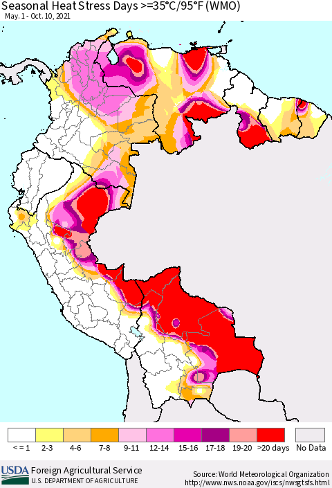 Northern South America Seasonal Heat Stress Days >=35°C/95°F (WMO) Thematic Map For 5/1/2021 - 10/10/2021