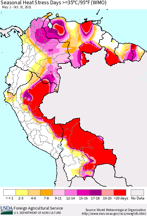 Northern South America Seasonal Heat Stress Days >=35°C/95°F (WMO) Thematic Map For 5/1/2021 - 10/31/2021