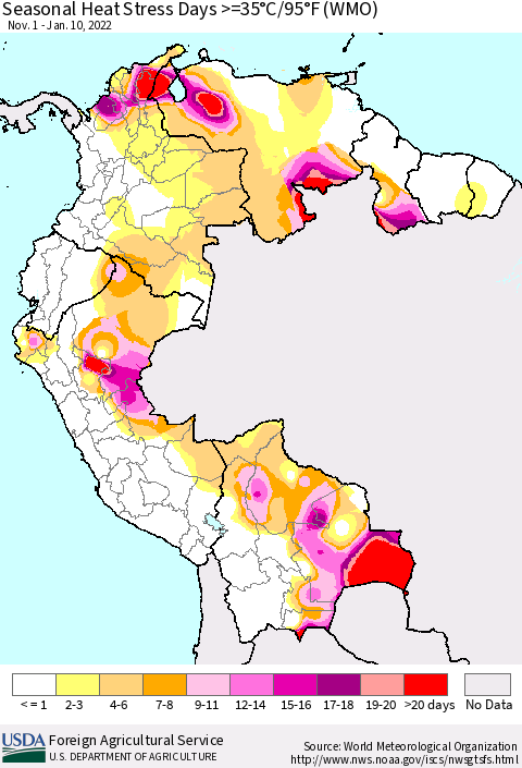 Northern South America Seasonal Heat Stress Days >=35°C/95°F (WMO) Thematic Map For 11/1/2021 - 1/10/2022