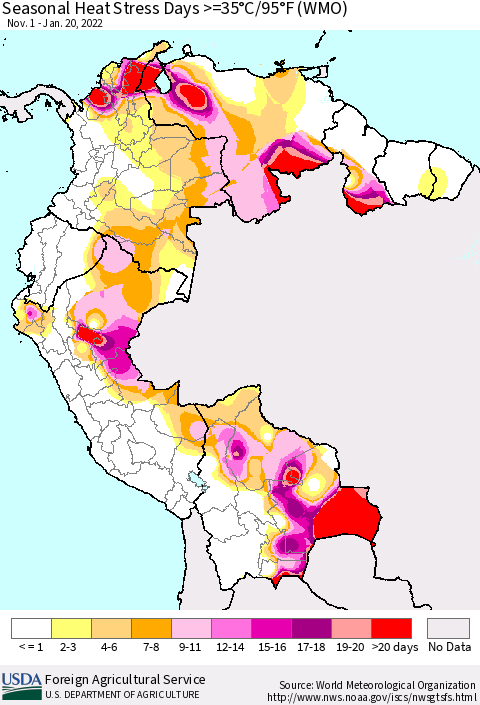 Northern South America Seasonal Heat Stress Days >=35°C/95°F (WMO) Thematic Map For 11/1/2021 - 1/20/2022