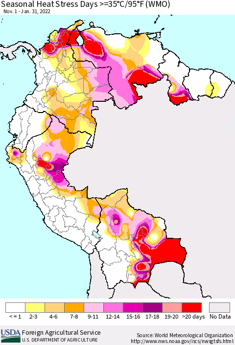 Northern South America Seasonal Heat Stress Days >=35°C/95°F (WMO) Thematic Map For 11/1/2021 - 1/31/2022