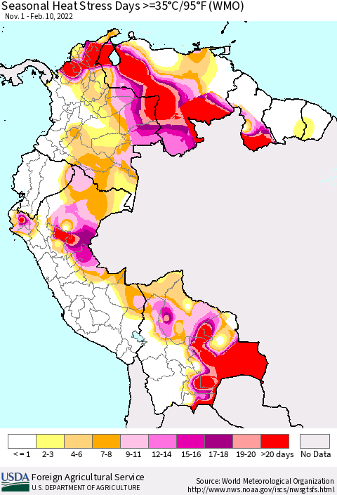 Northern South America Seasonal Heat Stress Days >=35°C/95°F (WMO) Thematic Map For 11/1/2021 - 2/10/2022
