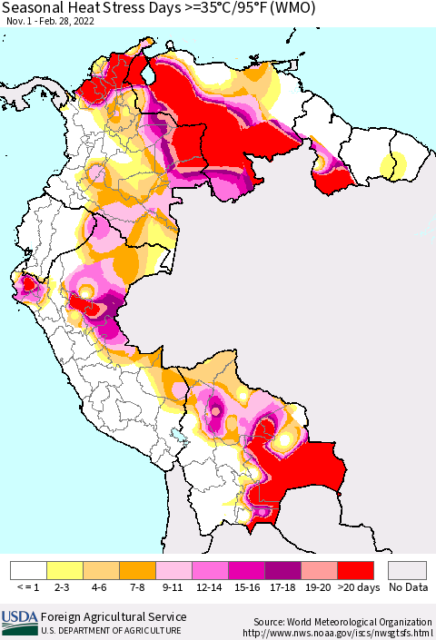 Northern South America Seasonal Heat Stress Days >=35°C/95°F (WMO) Thematic Map For 11/1/2021 - 2/28/2022