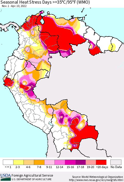 Northern South America Seasonal Heat Stress Days >=35°C/95°F (WMO) Thematic Map For 11/1/2021 - 4/10/2022