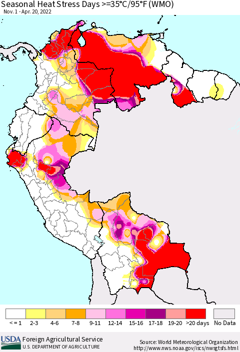 Northern South America Seasonal Heat Stress Days >=35°C/95°F (WMO) Thematic Map For 11/1/2021 - 4/20/2022