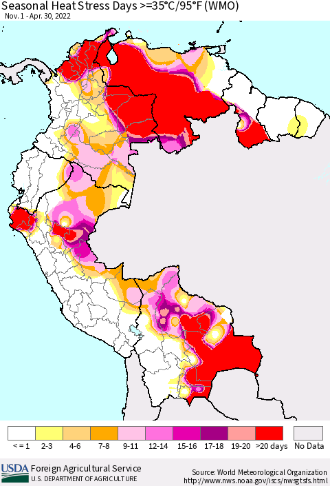 Northern South America Seasonal Heat Stress Days >=35°C/95°F (WMO) Thematic Map For 11/1/2021 - 4/30/2022