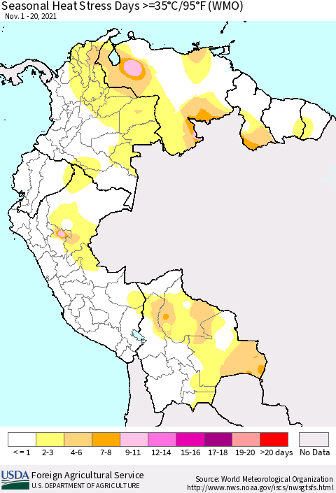 Northern South America Seasonal Heat Stress Days >=35°C/95°F (WMO) Thematic Map For 11/1/2021 - 11/20/2021