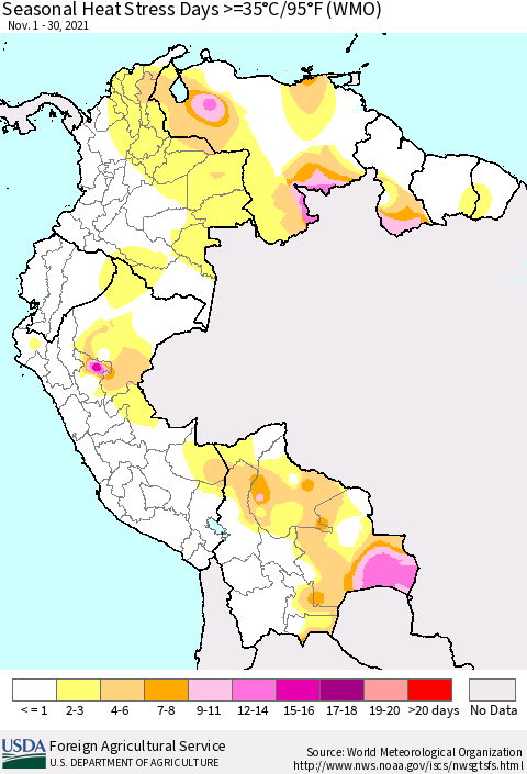 Northern South America Seasonal Heat Stress Days >=35°C/95°F (WMO) Thematic Map For 11/1/2021 - 11/30/2021