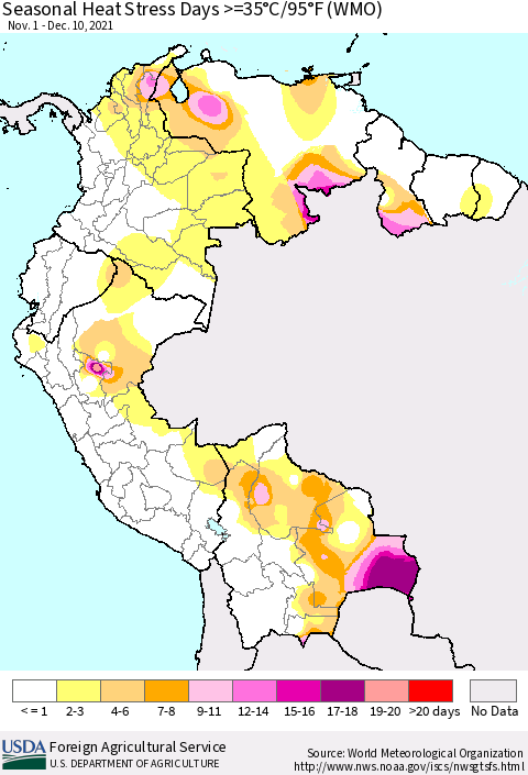 Northern South America Seasonal Heat Stress Days >=35°C/95°F (WMO) Thematic Map For 11/1/2021 - 12/10/2021