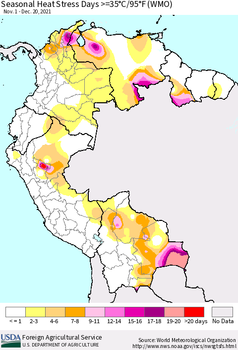 Northern South America Seasonal Heat Stress Days >=35°C/95°F (WMO) Thematic Map For 11/1/2021 - 12/20/2021