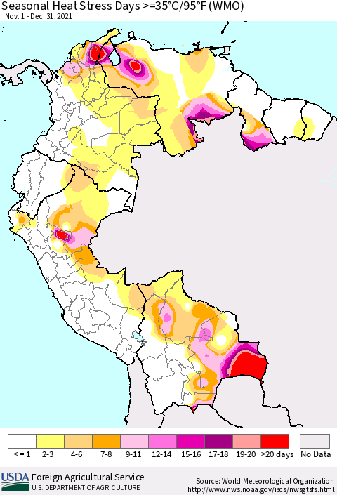 Northern South America Seasonal Heat Stress Days >=35°C/95°F (WMO) Thematic Map For 11/1/2021 - 12/31/2021