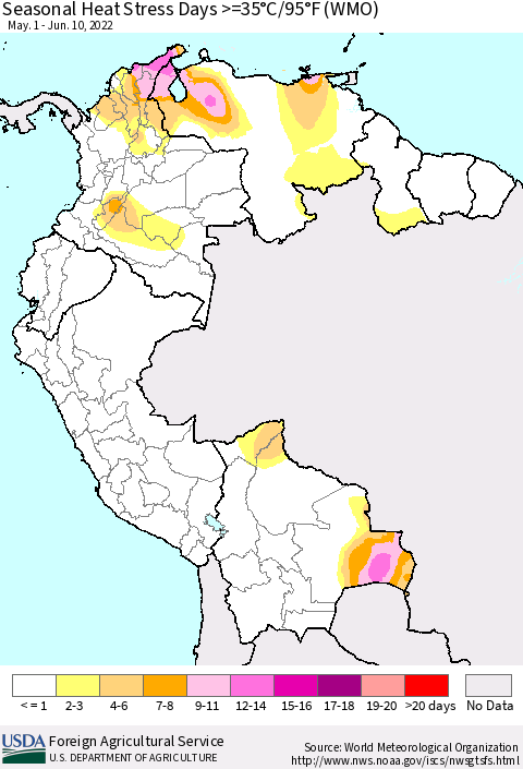 Northern South America Seasonal Heat Stress Days >=35°C/95°F (WMO) Thematic Map For 5/1/2022 - 6/10/2022