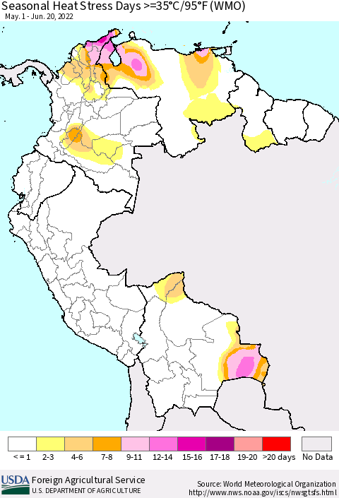 Northern South America Seasonal Heat Stress Days >=35°C/95°F (WMO) Thematic Map For 5/1/2022 - 6/20/2022