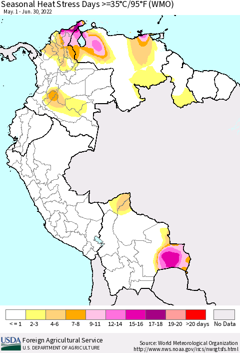 Northern South America Seasonal Heat Stress Days >=35°C/95°F (WMO) Thematic Map For 5/1/2022 - 6/30/2022