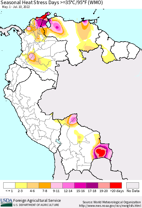 Northern South America Seasonal Heat Stress Days >=35°C/95°F (WMO) Thematic Map For 5/1/2022 - 7/10/2022