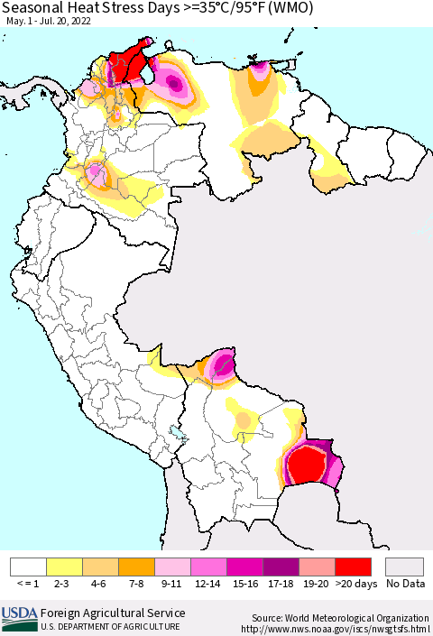 Northern South America Seasonal Heat Stress Days >=35°C/95°F (WMO) Thematic Map For 5/1/2022 - 7/20/2022