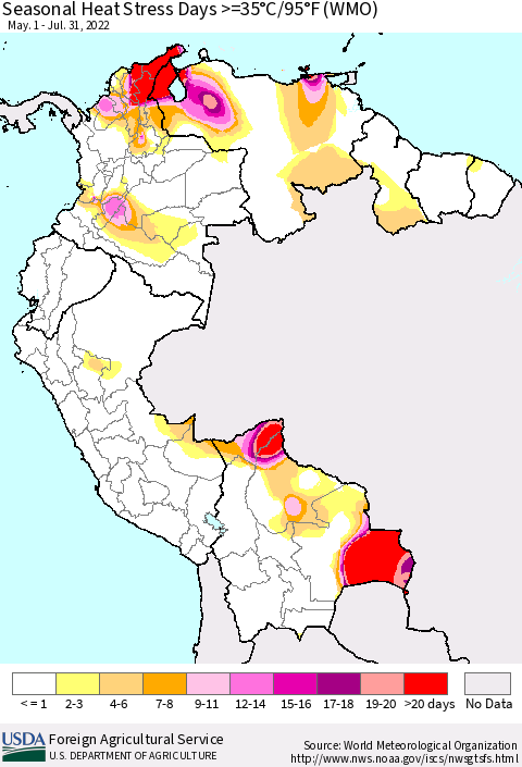 Northern South America Seasonal Heat Stress Days >=35°C/95°F (WMO) Thematic Map For 5/1/2022 - 7/31/2022