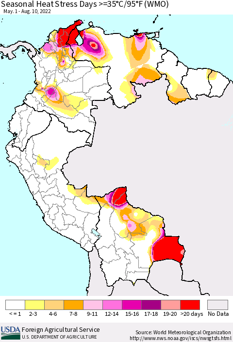 Northern South America Seasonal Heat Stress Days >=35°C/95°F (WMO) Thematic Map For 5/1/2022 - 8/10/2022