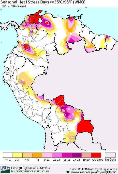 Northern South America Seasonal Heat Stress Days >=35°C/95°F (WMO) Thematic Map For 5/1/2022 - 8/31/2022