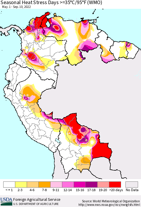 Northern South America Seasonal Heat Stress Days >=35°C/95°F (WMO) Thematic Map For 5/1/2022 - 9/10/2022