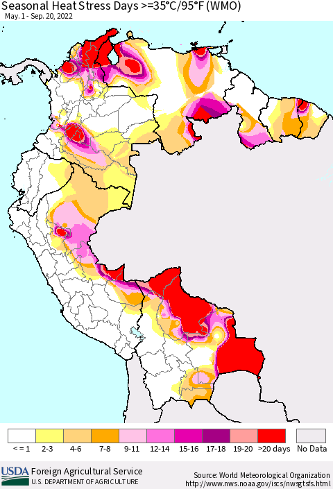 Northern South America Seasonal Heat Stress Days >=35°C/95°F (WMO) Thematic Map For 5/1/2022 - 9/20/2022