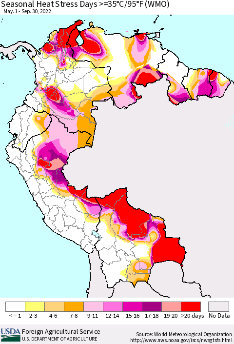 Northern South America Seasonal Heat Stress Days >=35°C/95°F (WMO) Thematic Map For 5/1/2022 - 9/30/2022