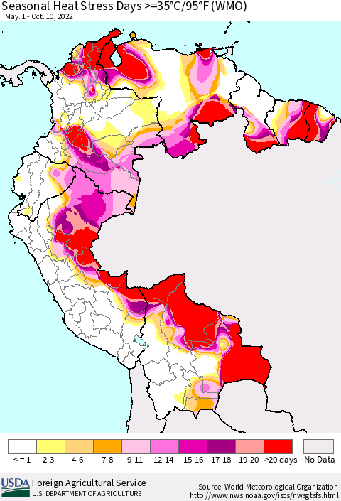 Northern South America Seasonal Heat Stress Days >=35°C/95°F (WMO) Thematic Map For 5/1/2022 - 10/10/2022