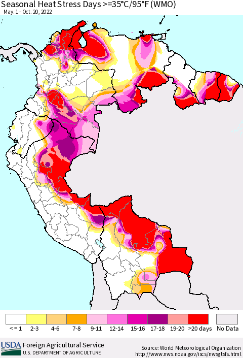 Northern South America Seasonal Heat Stress Days >=35°C/95°F (WMO) Thematic Map For 5/1/2022 - 10/20/2022