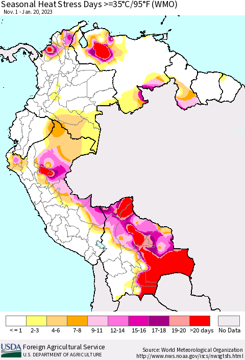 Northern South America Seasonal Heat Stress Days >=35°C/95°F (WMO) Thematic Map For 11/1/2022 - 1/20/2023