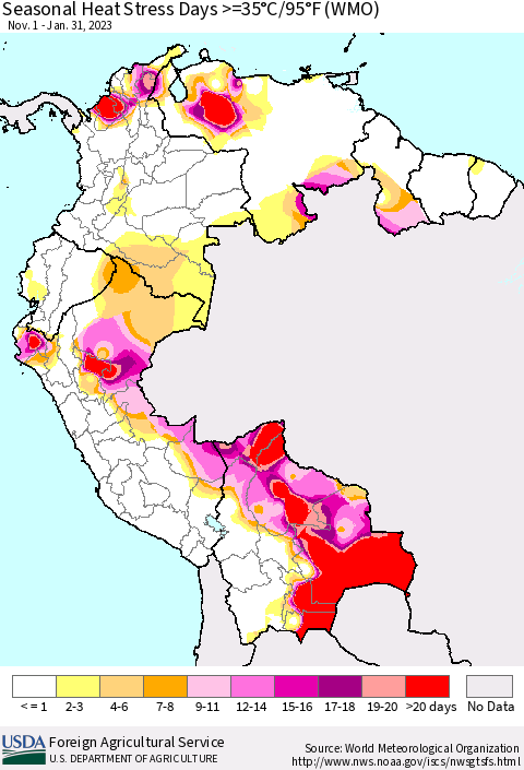 Northern South America Seasonal Heat Stress Days >=35°C/95°F (WMO) Thematic Map For 11/1/2022 - 1/31/2023