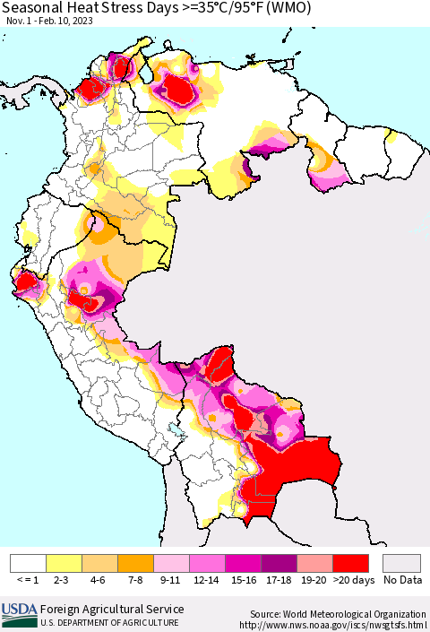 Northern South America Seasonal Heat Stress Days >=35°C/95°F (WMO) Thematic Map For 11/1/2022 - 2/10/2023