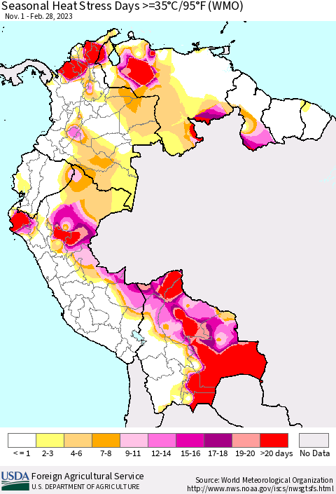 Northern South America Seasonal Heat Stress Days >=35°C/95°F (WMO) Thematic Map For 11/1/2022 - 2/28/2023