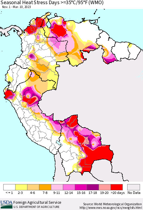 Northern South America Seasonal Heat Stress Days >=35°C/95°F (WMO) Thematic Map For 11/1/2022 - 3/10/2023