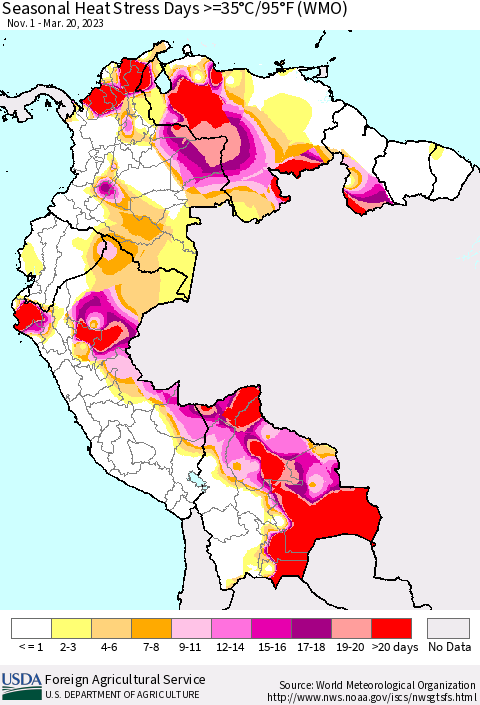Northern South America Seasonal Heat Stress Days >=35°C/95°F (WMO) Thematic Map For 11/1/2022 - 3/20/2023