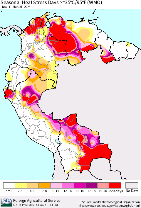 Northern South America Seasonal Heat Stress Days >=35°C/95°F (WMO) Thematic Map For 11/1/2022 - 3/31/2023