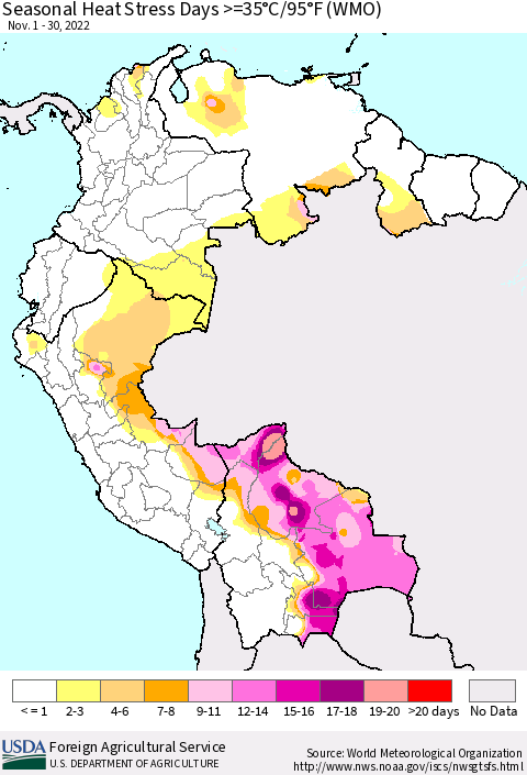 Northern South America Seasonal Heat Stress Days >=35°C/95°F (WMO) Thematic Map For 11/1/2022 - 11/30/2022