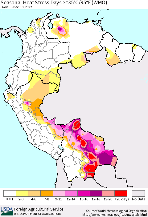 Northern South America Seasonal Heat Stress Days >=35°C/95°F (WMO) Thematic Map For 11/1/2022 - 12/10/2022