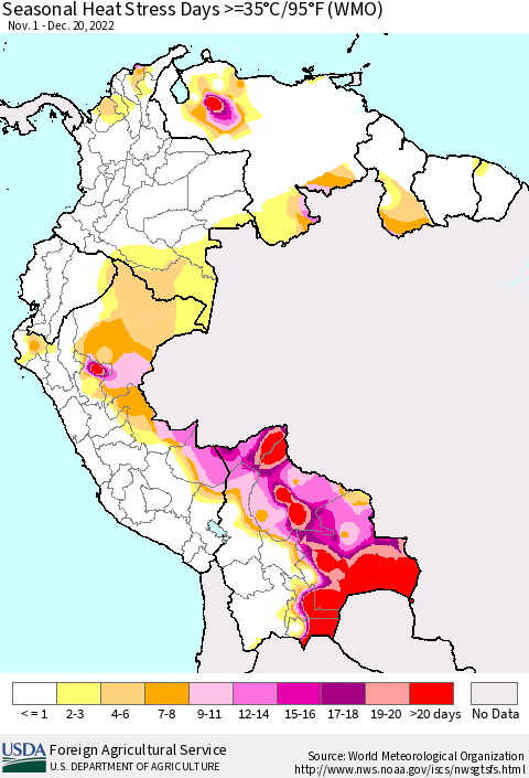 Northern South America Seasonal Heat Stress Days >=35°C/95°F (WMO) Thematic Map For 11/1/2022 - 12/20/2022
