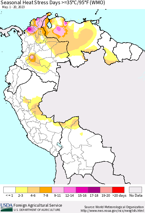 Northern South America Seasonal Heat Stress Days >=35°C/95°F (WMO) Thematic Map For 5/1/2023 - 5/20/2023