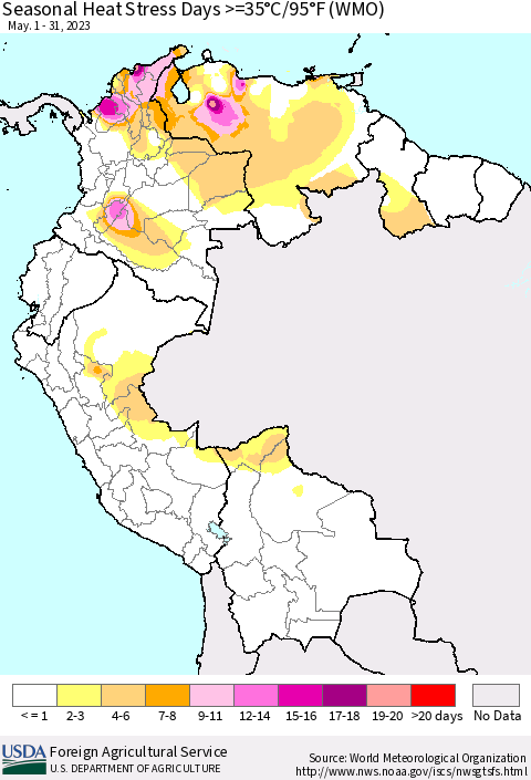 Northern South America Seasonal Heat Stress Days >=35°C/95°F (WMO) Thematic Map For 5/1/2023 - 5/31/2023