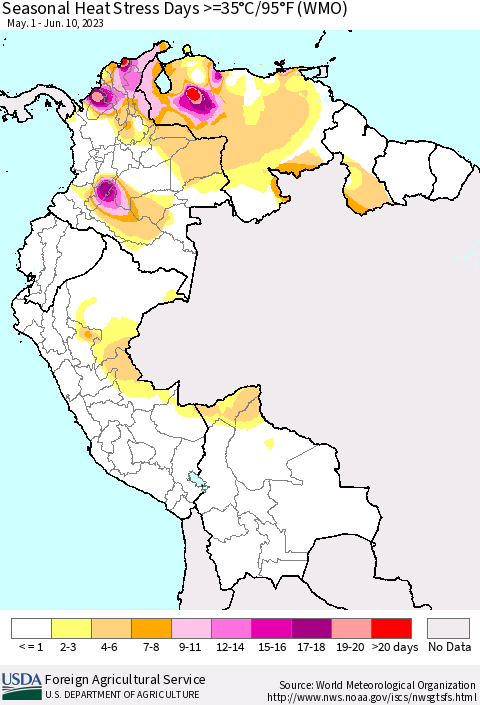 Northern South America Seasonal Heat Stress Days >=35°C/95°F (WMO) Thematic Map For 5/1/2023 - 6/10/2023