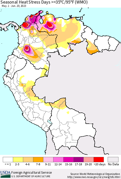 Northern South America Seasonal Heat Stress Days >=35°C/95°F (WMO) Thematic Map For 5/1/2023 - 6/20/2023