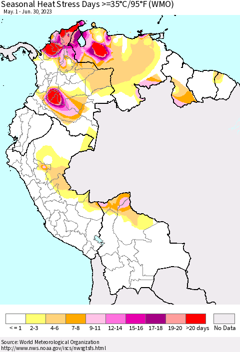 Northern South America Seasonal Heat Stress Days >=35°C/95°F (WMO) Thematic Map For 5/1/2023 - 6/30/2023