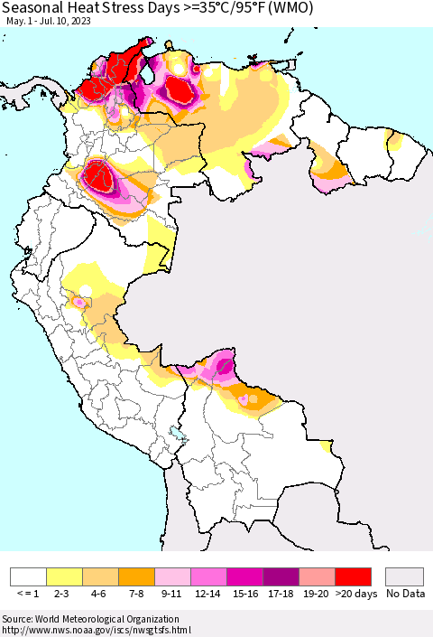 Northern South America Seasonal Heat Stress Days >=35°C/95°F (WMO) Thematic Map For 5/1/2023 - 7/10/2023