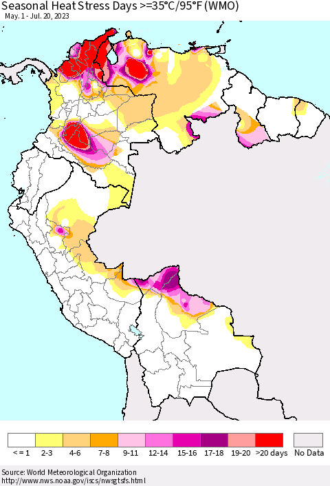 Northern South America Seasonal Heat Stress Days >=35°C/95°F (WMO) Thematic Map For 5/1/2023 - 7/20/2023