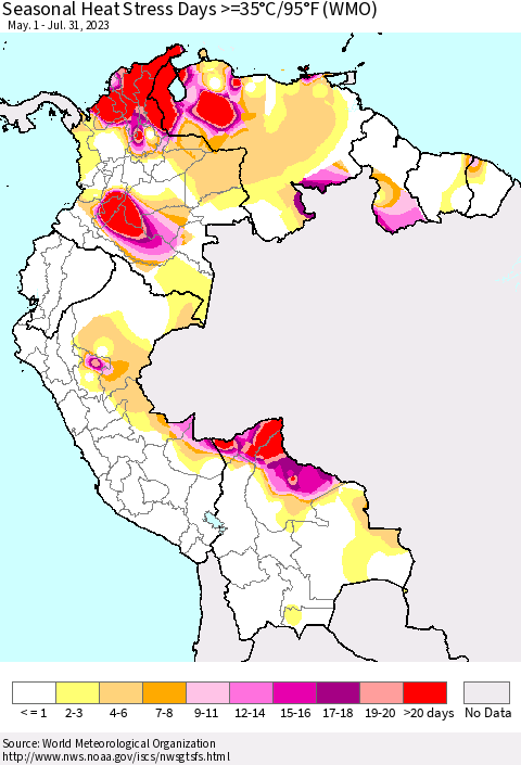 Northern South America Seasonal Heat Stress Days >=35°C/95°F (WMO) Thematic Map For 5/1/2023 - 7/31/2023