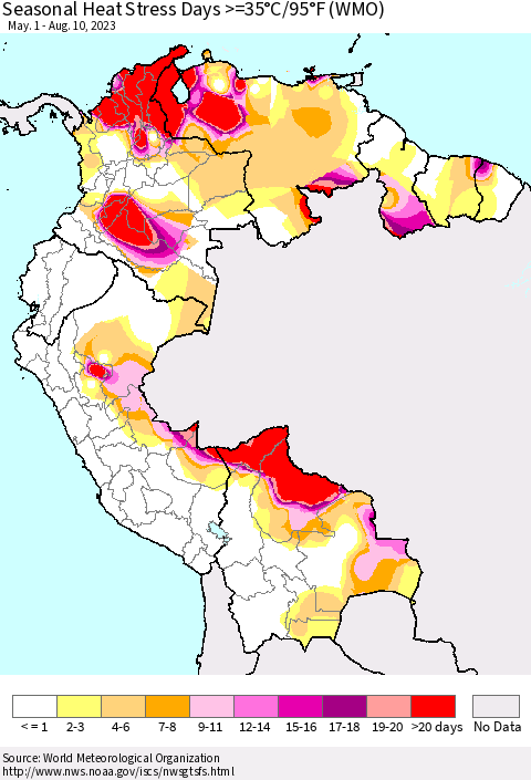 Northern South America Seasonal Heat Stress Days >=35°C/95°F (WMO) Thematic Map For 5/1/2023 - 8/10/2023