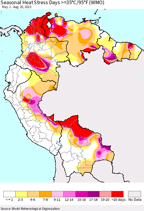 Northern South America Seasonal Heat Stress Days >=35°C/95°F (WMO) Thematic Map For 5/1/2023 - 8/20/2023