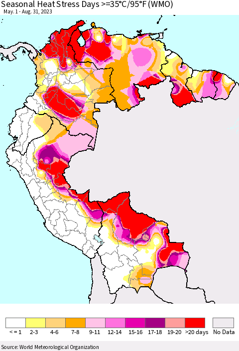 Northern South America Seasonal Heat Stress Days >=35°C/95°F (WMO) Thematic Map For 5/1/2023 - 8/31/2023