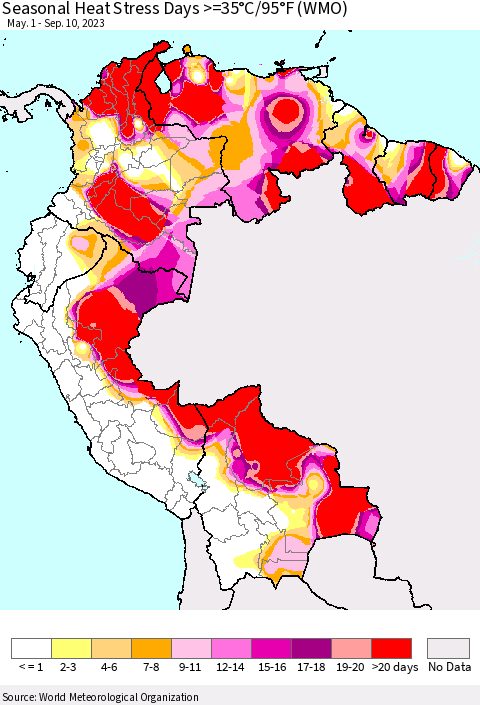 Northern South America Seasonal Heat Stress Days >=35°C/95°F (WMO) Thematic Map For 5/1/2023 - 9/10/2023